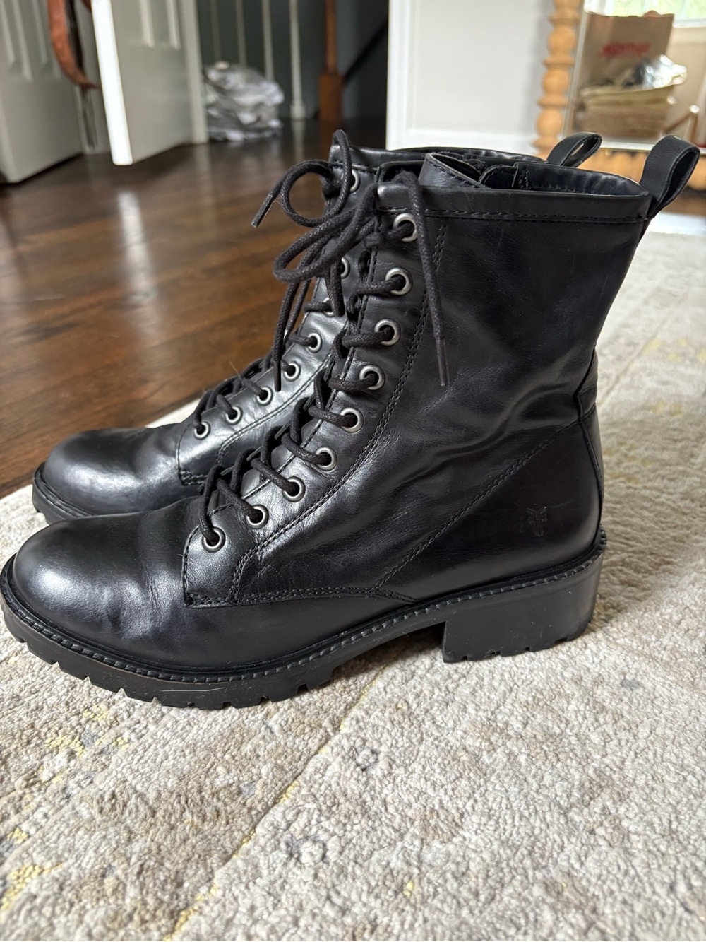Frye Black Leather Lace Up Combat Boots
